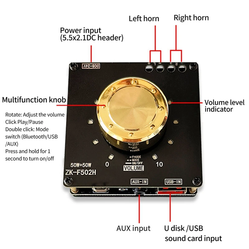 Amplifier Board With Short Circuit Protection ZK-F502H 5.1 50W 2.0Channel Amplifier Board  For Sound Box