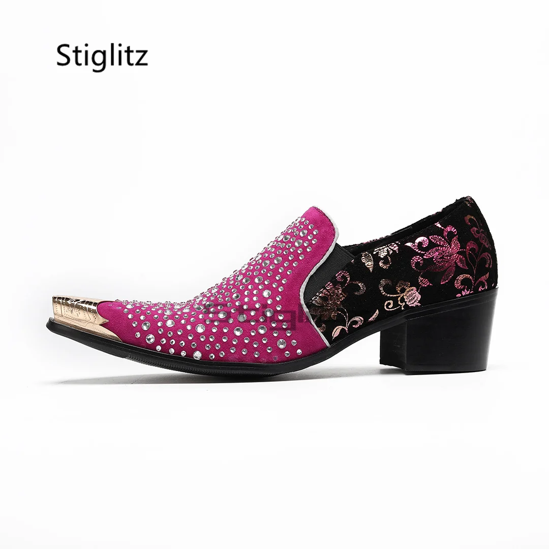 Luxury Rhinestone Dress Shoes for Men High Heels Suede Leather Prints Mixed Color Metal Pointed Toe Business Party Runway Shoes