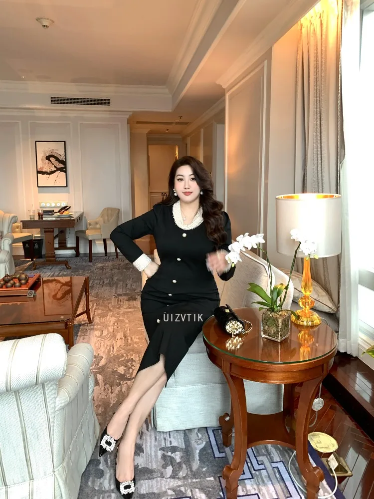 

Luxury Leftover Bead Black Dress for Women Elegant Heavy Industry Nail Bead Party Dress Retro Plus Size Knitted Long Dresses