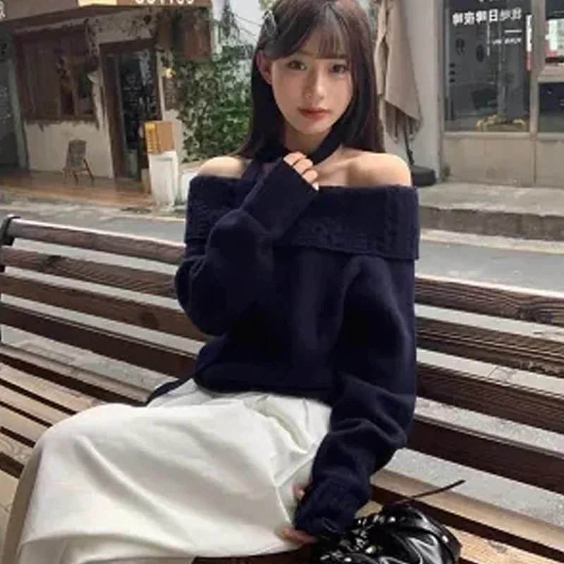 الكورية بلون مثير مائل الرقبة المرأة عادية محبوك سترة ربيع الخريف موضة سليم صالح تنوعا البلوز القمم جديد #5