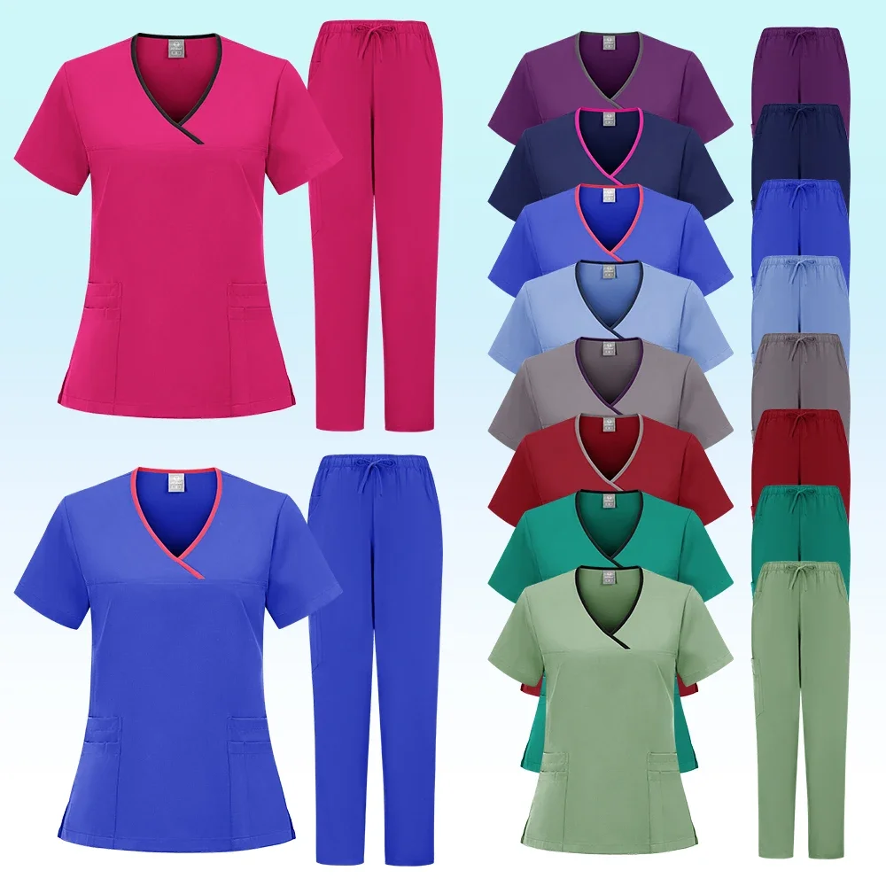 New Scrubs Set Medical Uniforms Stretch Scrub Tops With Pocket Pants Nurse Uniform Doctor Surgery Overalls Beauty Salon Workwear