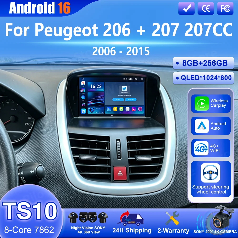 Android 16 For Peugeot 206 + 207 207CC 2006 -2015 Auto Carplay Multimedia Player Radio Stereo GPS Navigation Bluetooth Car DVD