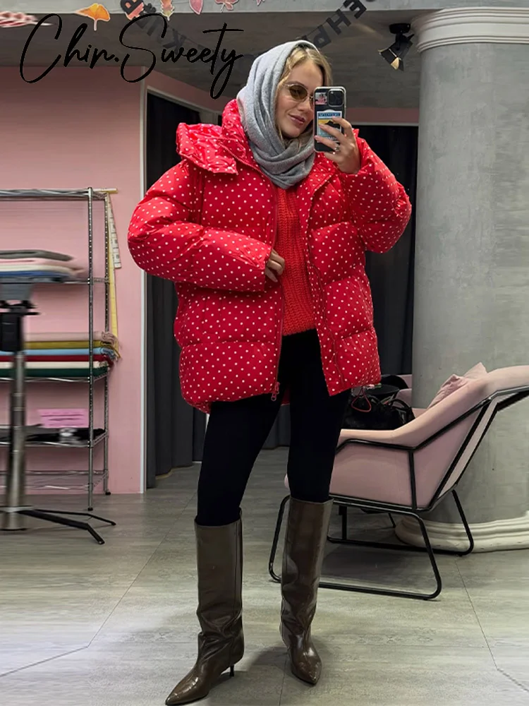 Cappotto in cotone addensato da donna con stampa casual Elegante cerniera a maniche lunghe Tasca con cappuccio Giacca femminile 2025 Inverno Chic Lady Outwear Nuovo