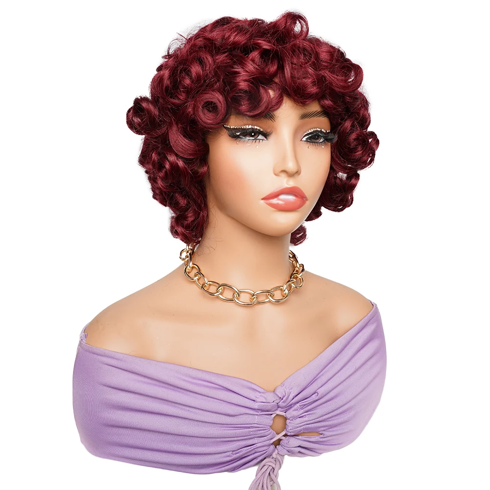 #99J Colored 250% Loose Wave Full Machine Made Wigs Remy Indian Human Hair Wig Short Bob Wig 10 Inch Pixie Wavy Wigs