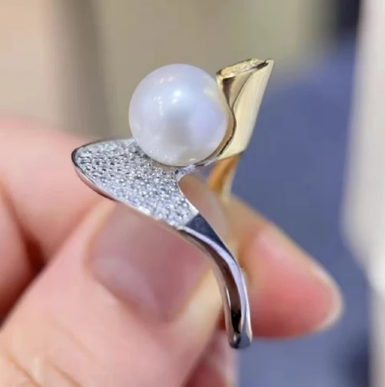 Temperament Pearl Ring AAAA 9-10mm Natural Round South Sea Pearl Open Ring S925s Elegant and High end Feeling