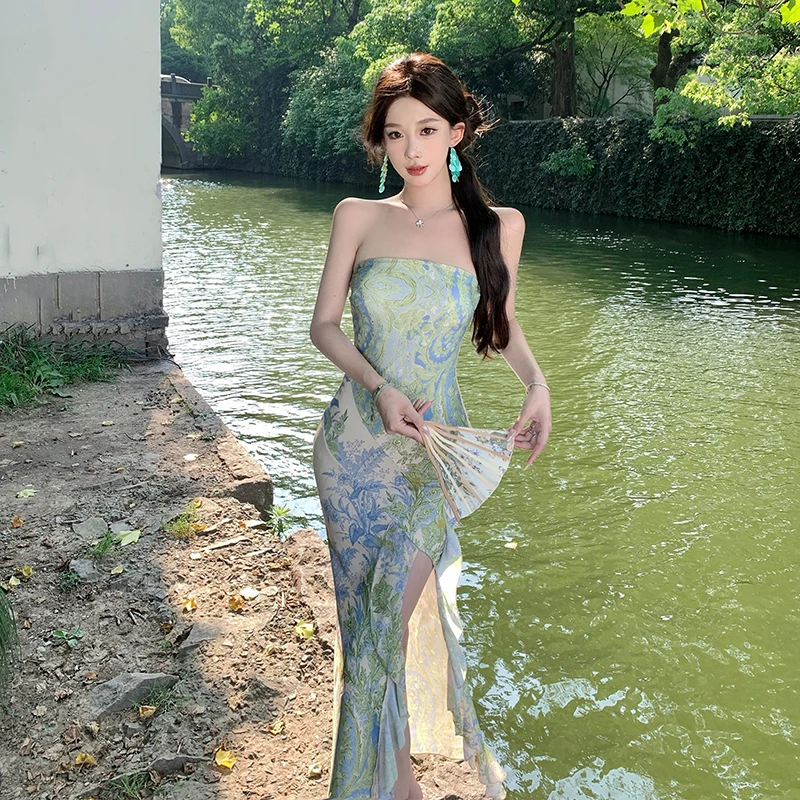 Young Style Vintage Reformed Cheongsam New Chinese Women's Classical Vine Print Elegance Floral Pattern Sexy Strapless Dress