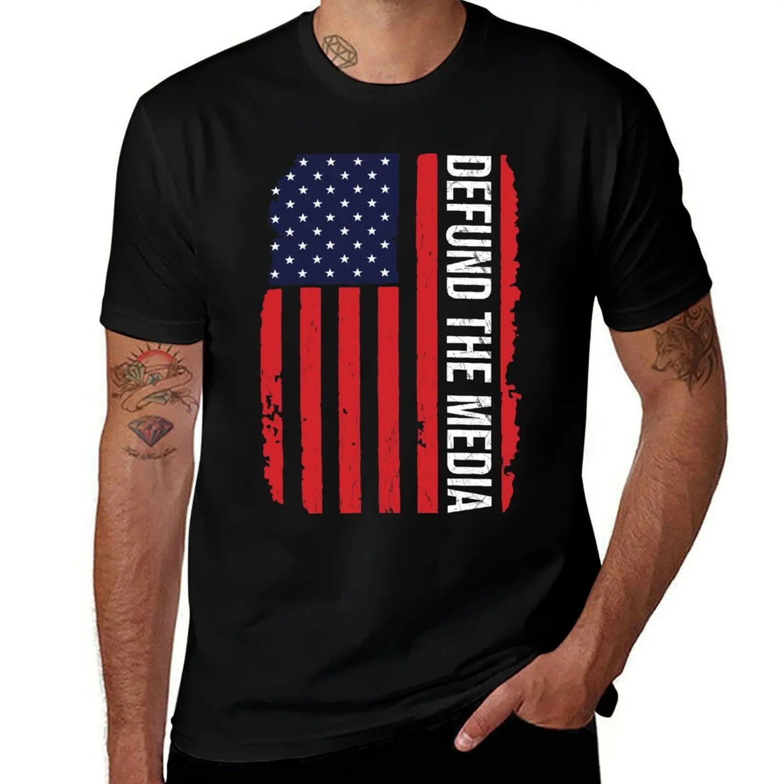 DEFUND THE MEDIA Amriecan flag Gift T-Shirt man t shirt cotton T-Shirt