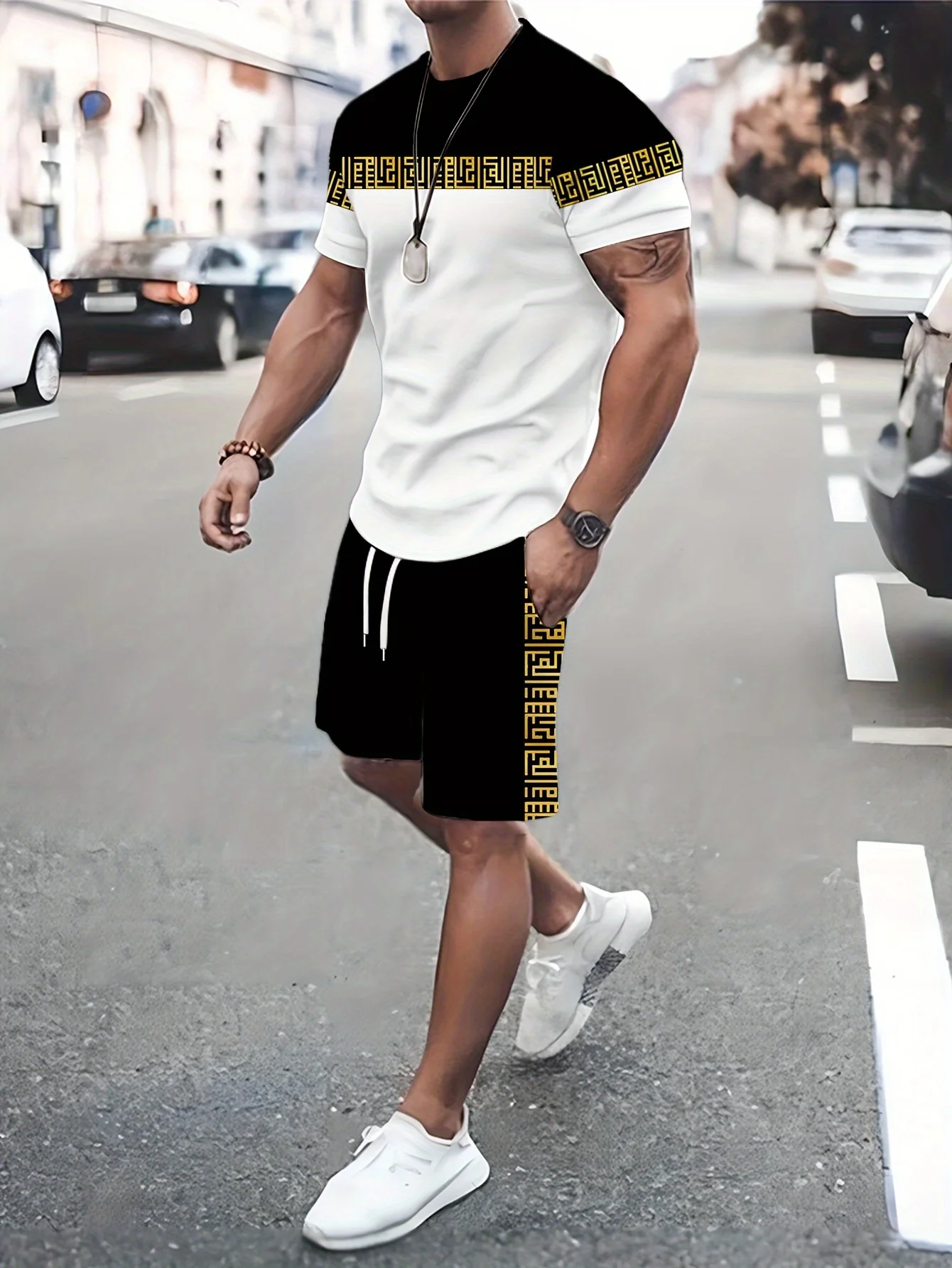 

2-Pack Large Size Men's Casual Sports Suit, Tribal Style Pattern Contrast Design T-Shirt and Drawstring Shorts Suit for Sports,