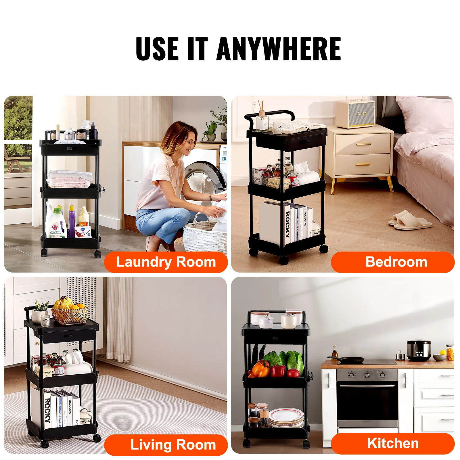 VEVOR 3-Tier Rolling Utility Cart Kitchen Storage Trolley with Drawer Handle for Office Living Room Movable Storage Organizer