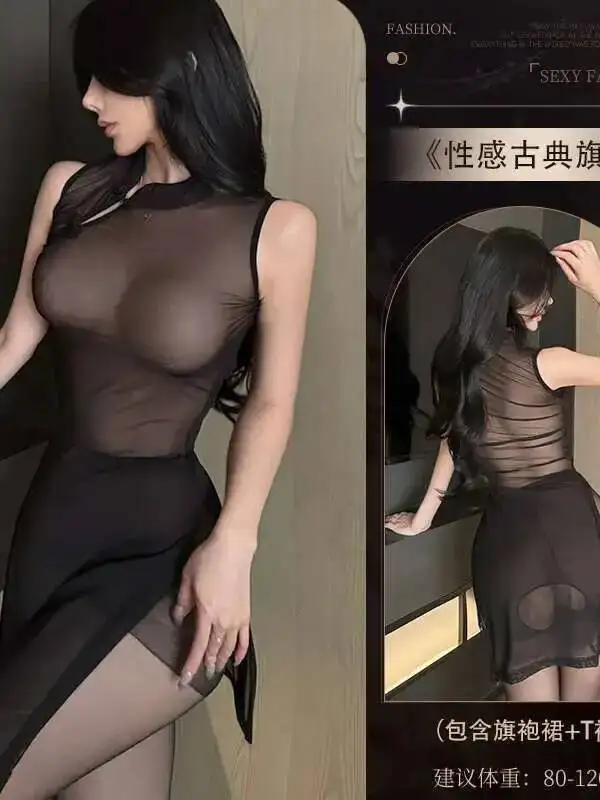 فستان شيونغسام مثير أنيق مجوف خارج الصدر كاشف شبكة شفافة ثوب النوم المرأة موضة الكورية النساء بلايز HLK8