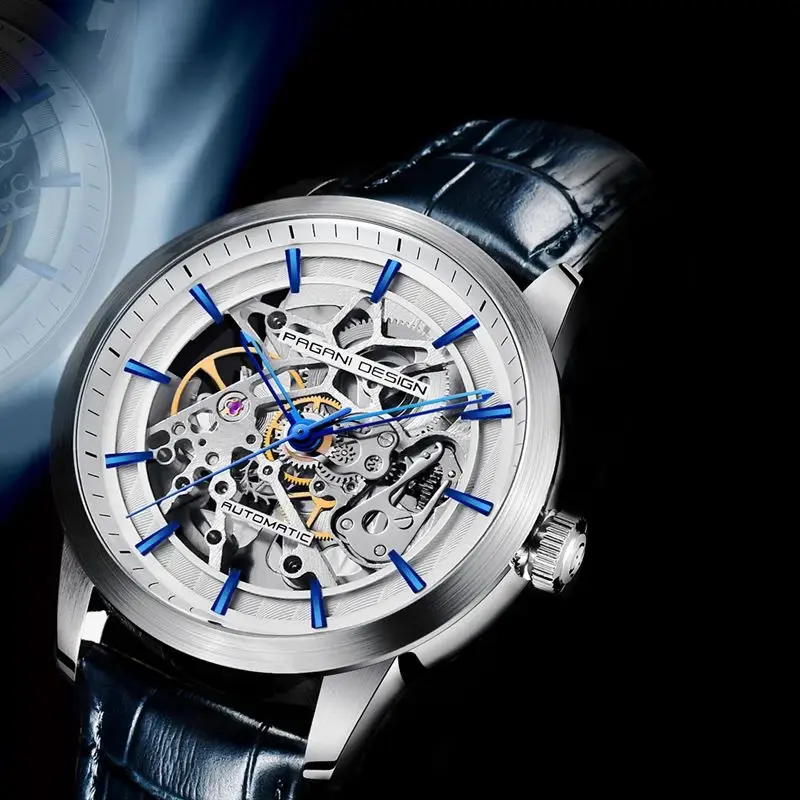 

Мужские механические часы PAGANI DESIGN 2026 New Skeleton, автоматические, класса люкс, с синим кожаным ремешком, водонепроницаемые