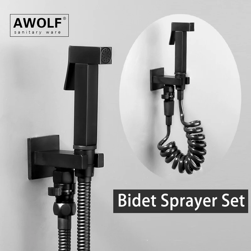 Awolf Matt Black Hygienic Shower Fitting 1/2 Solid Brass Toilet Bidet Sprayer Square Design Anal Shower Bidet System WC AP2E24