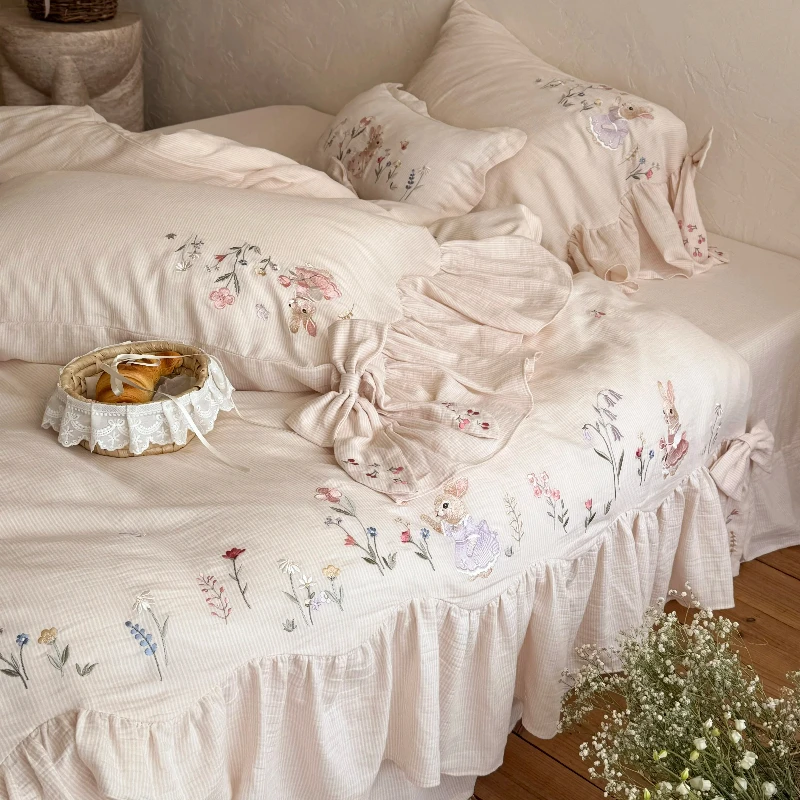 French Style Bedroom Romantic Girl Retro Color Woven Washed Cotton and Linen 4 Piece Set Bunny Embroidery Duvet Cover Bedding