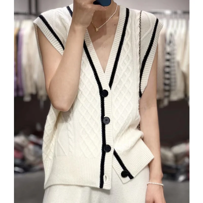 Temperament twist flowerpatchwork color V-neck wool vest women's knitted cardigan sleeveless sweater loose horse clip short vest