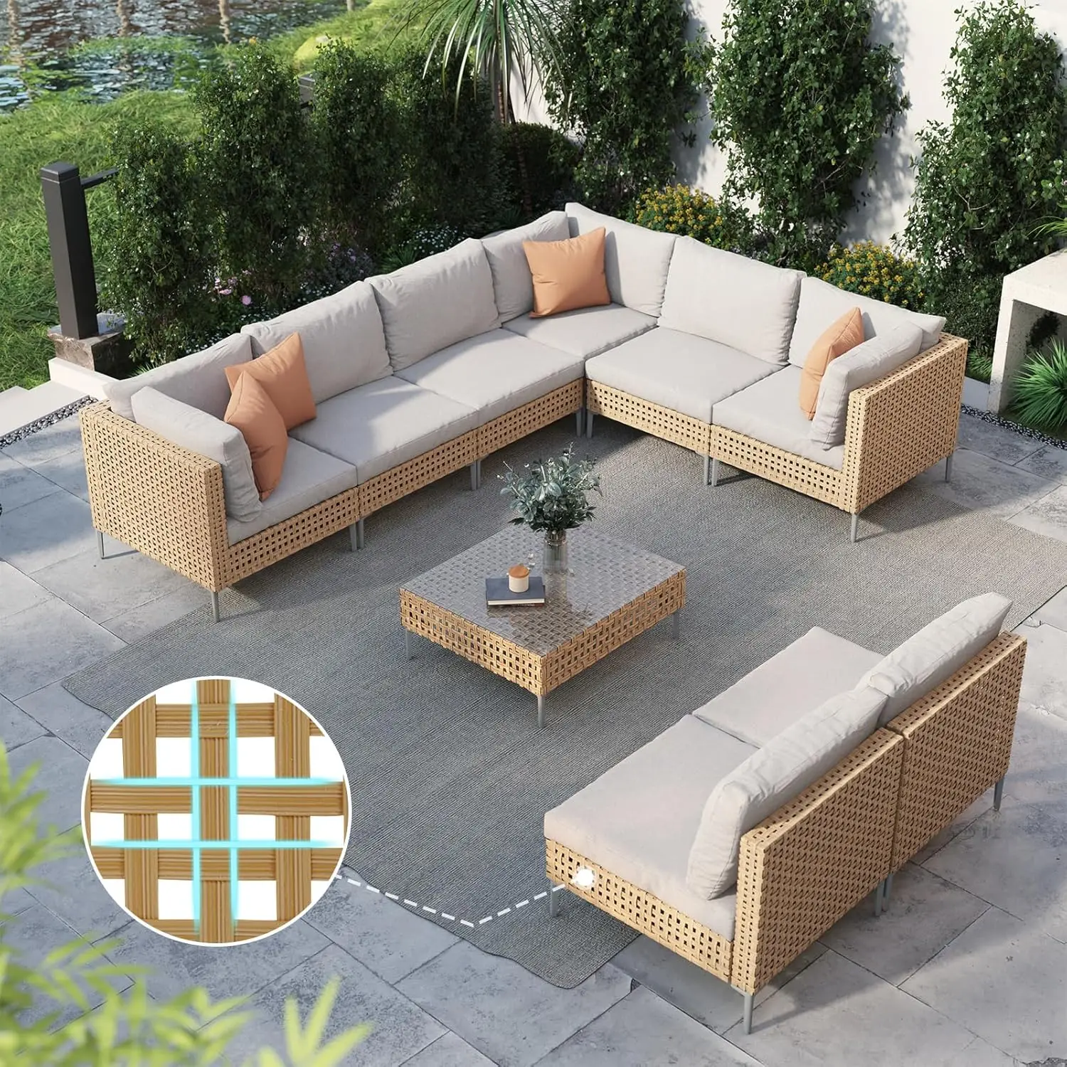 9-Pcs Wicker Patio Furniture Set, Boho Outdoor Conversation Set Sectional Sofa w/ Water Resistant Beige Thick Cushions, Beige