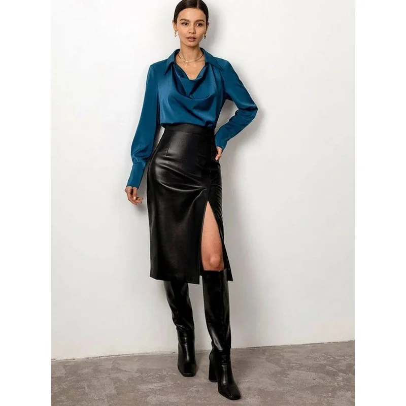 

Сексуальные кожаные юбки миди для женщин: осенне-зимние, черные, облегающие, с завышенной талией, из ПВХ-ткани, H-образные, с рукавами «летучая мышь»