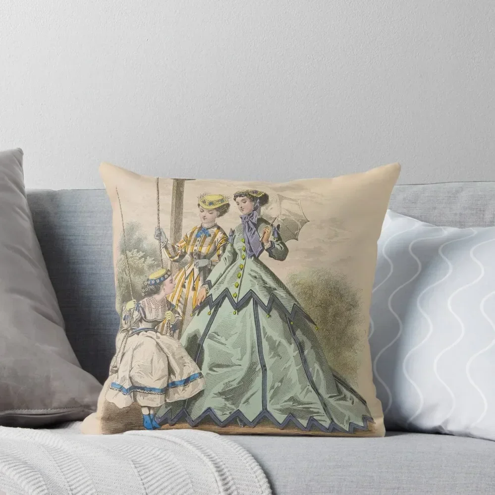 

1866 Victorian French Fashion Plate - Two Vintage Elegant Ladies and a Girl on a Swing in a Park Throw Pillow Pillowcase pillow