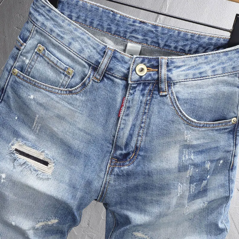 y2k fashion new denim shorts scratch washed nostalgic stretch slim fit retro light blue embroidered jeans high street hip-h