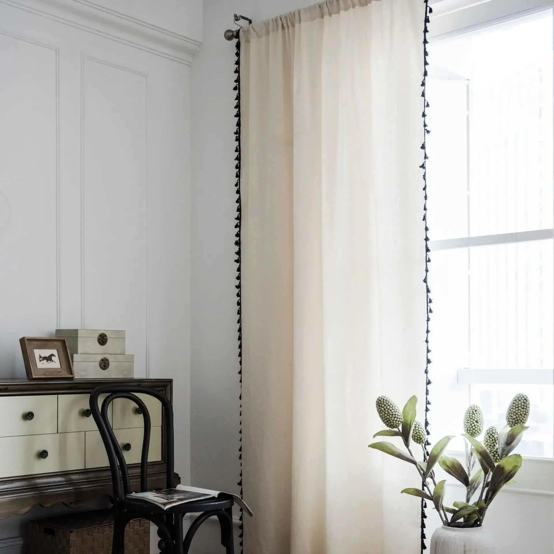 

American Solid Vintage Cotton Linen Home Window Curtain Thick with Tassels Blackout Drapes Curtains In The Living Room