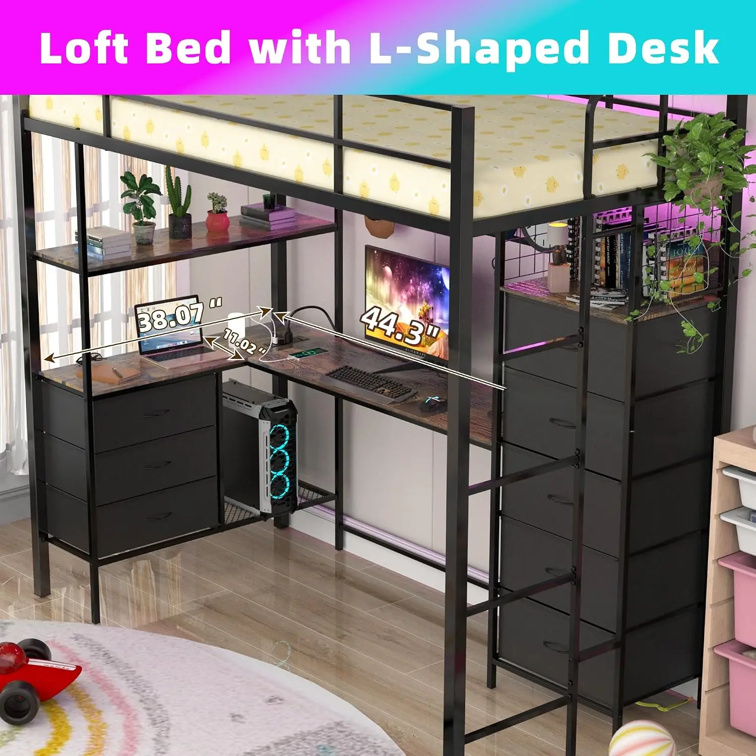 Twin Size Loft Bed with Desk, LED Lights, Charging Station, Industrial Loft Bed Frame with 3 Storage Shelves and 8 Fabric Drawer