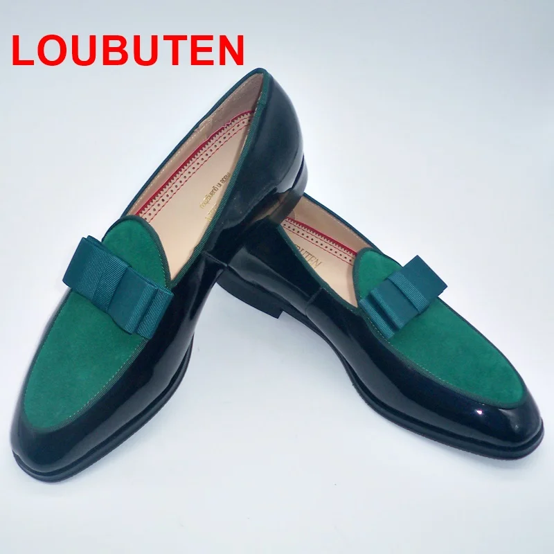 LOUBUTEN Summer New Fashion Green Butterfly-Knot Mens Loafers Stylish Patent Leather Shoes Men Dress Shoes Slip On Party Shoes