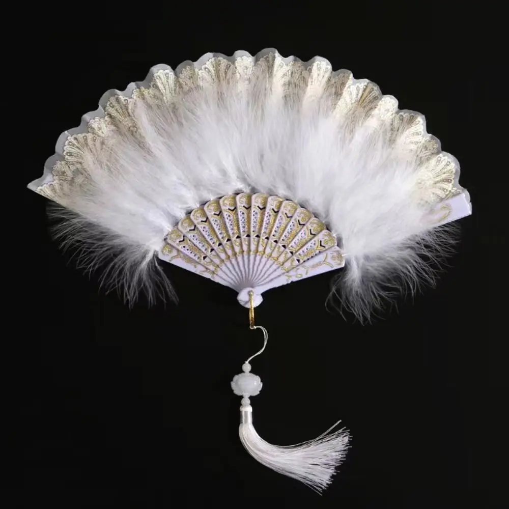 Elegant Vintage Hand Fan Lace Multicolor White Fur Folding Fan Chinese style Hanfu Accessories Photography Prop
