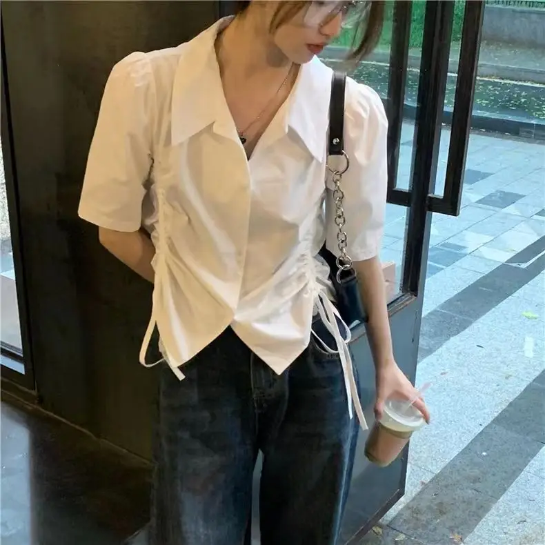 Kurzarmhemden Damen Mesh Plissee Biesenärmel Hemd Herbst Fairycore Niedlich Kawaii Student Künstlerisch Jugendlich Feminin