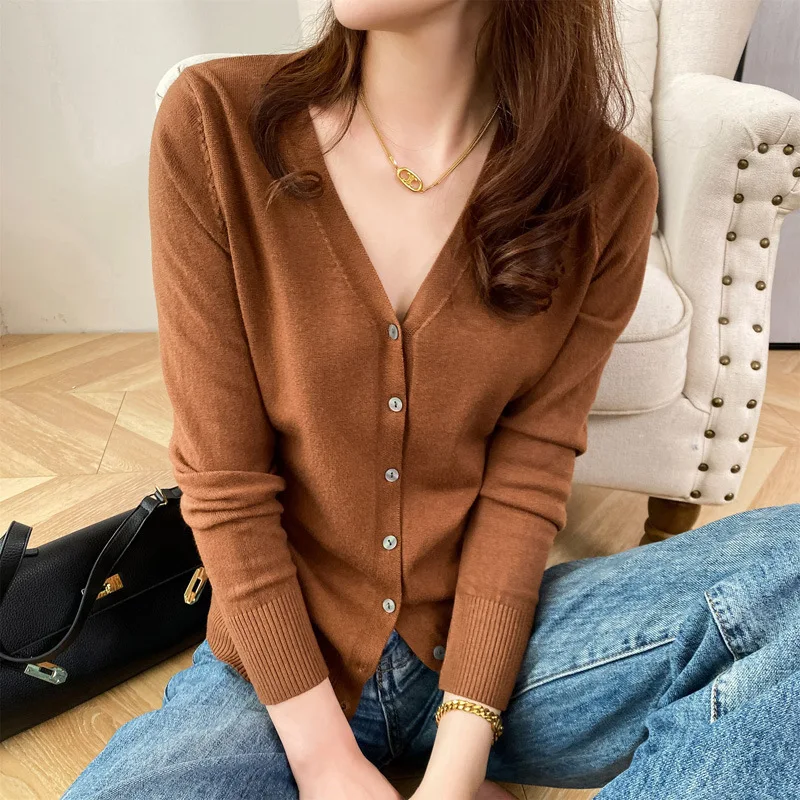 Spring Autumn 2025 Women's Loose V-Neck Knitted Cardigan Short Pure Color Base Layer Open Front Sweater Versatile Outerwear