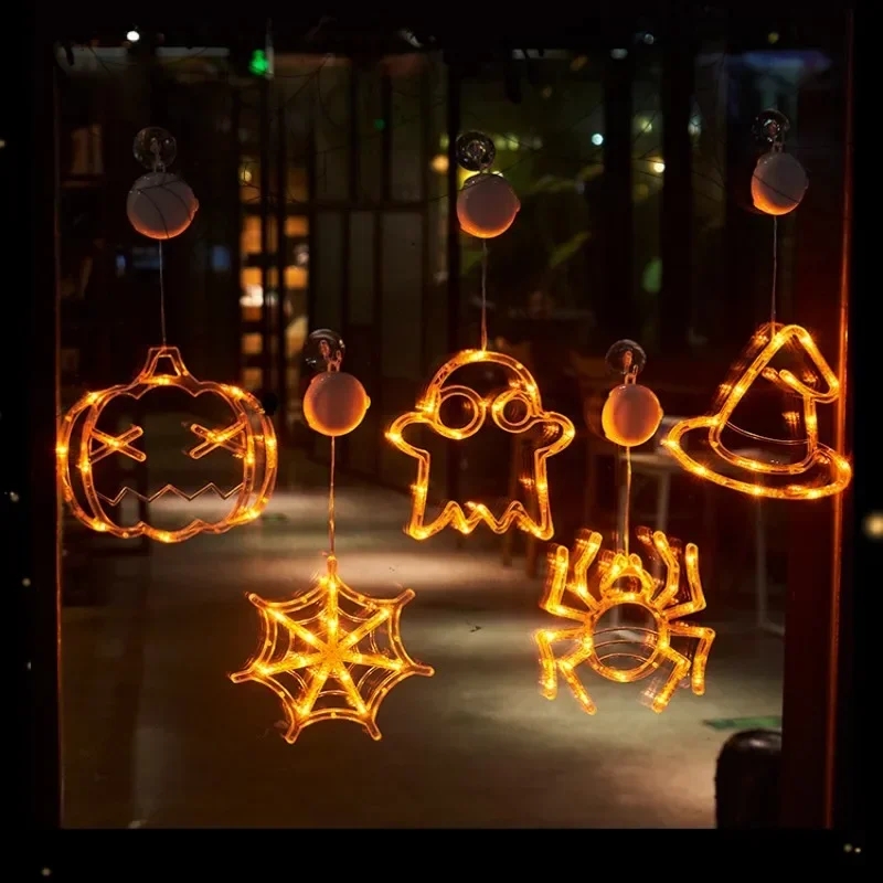 Decorazione a LED per Halloween Lampada a forma di zucca Ragno Pipistrello Fantasma Appeso Ventosa Decorazione per finestre in vetro per illuminazione natalizia per feste