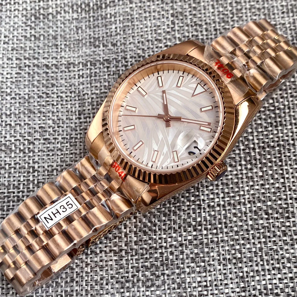 カスタム 36 ミリメートル/39 ミリメートル NH35A ムーブメントサファイアガラス自動イエローゴールド/イエローゴールドメンズ腕時計発光フルーテッドベゼルリーフパームダイヤル