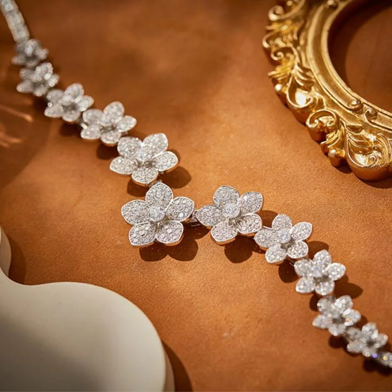 Designer Collection Jewelry Sets Women Lady Inlay Full Cubic Zircon Flower Pendant Evening Party Choker Necklace Earrings