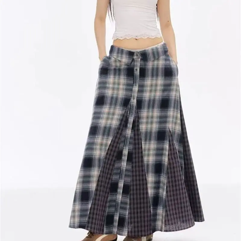 Nouvelle mode Plaid imprimé Jupe femmes Vintage été taille basse épicé fille Midi jupes Patchwork contraste couleur Preppy Jupe