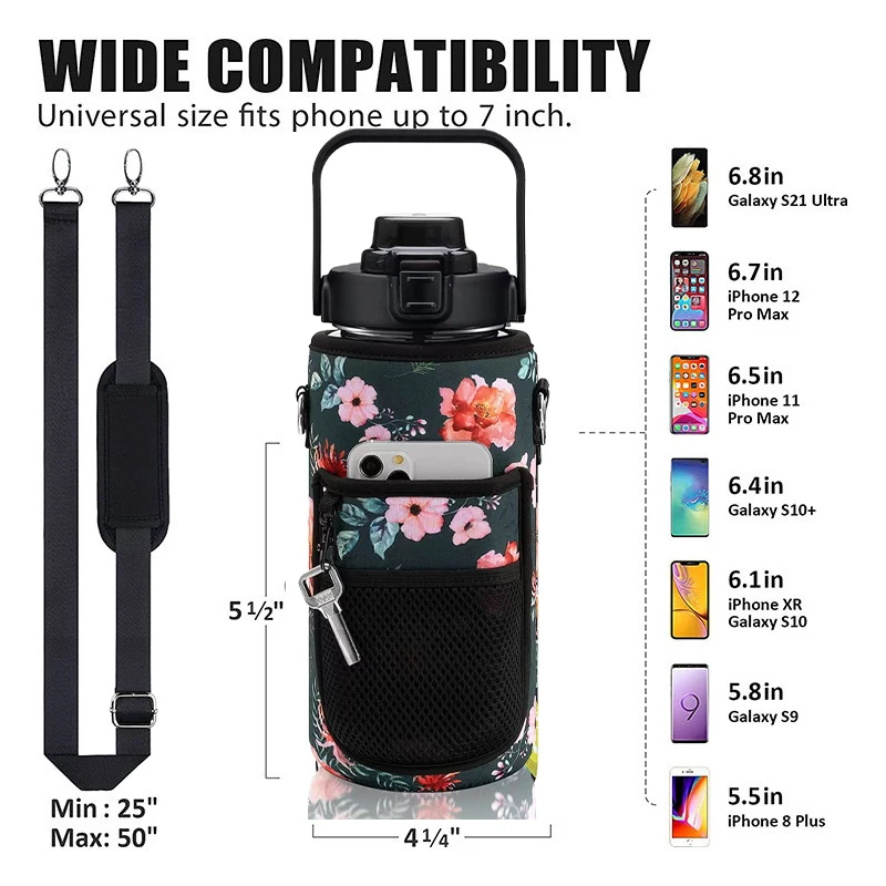 2L/64Oz Water Bottle Cover Set Large Capacity Motivational Water Bottles with Straw and Sleeve Outdoor Sport Drinkware Bag