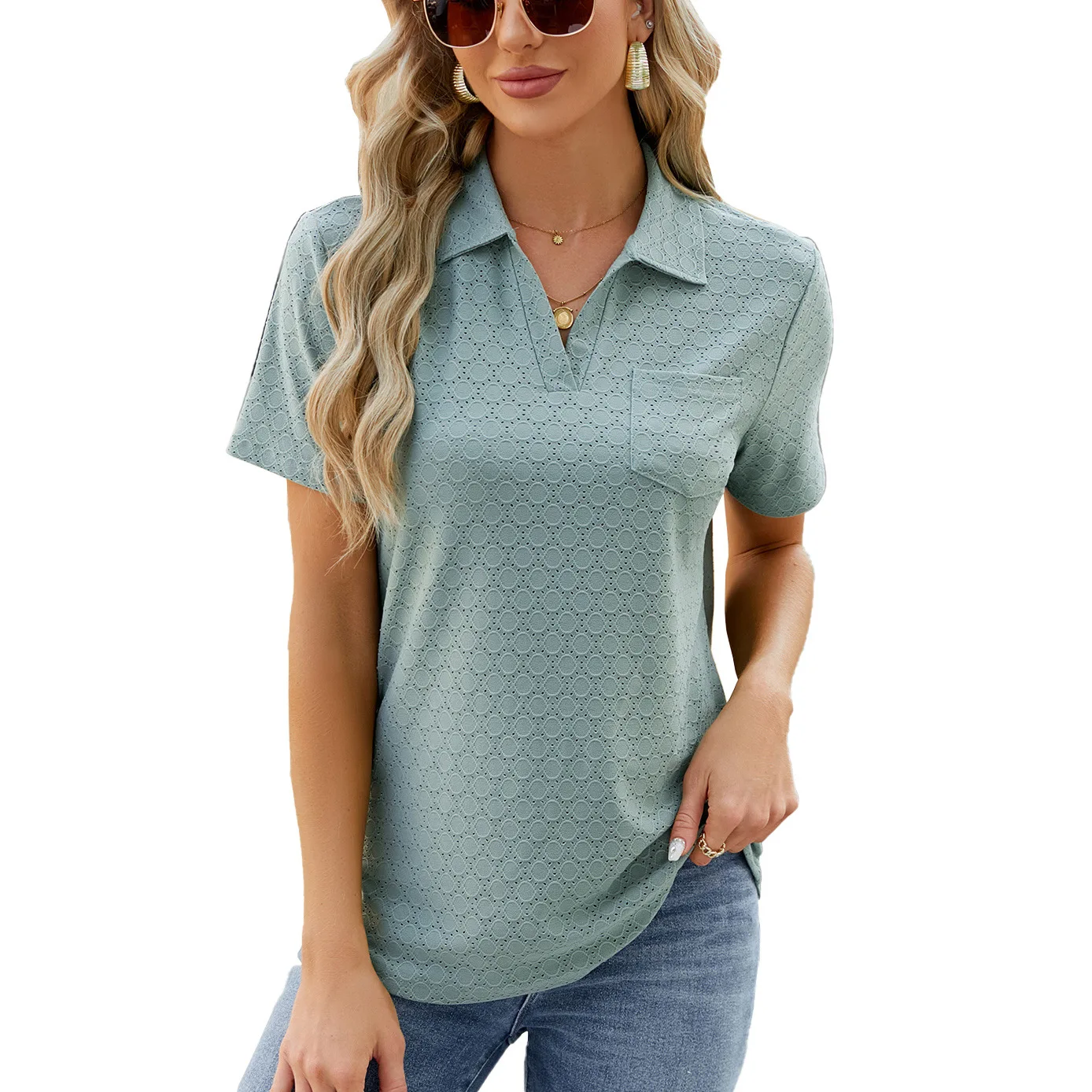 T-shirt women's loose top women's 2024 spring and summer new solid color polo collar pocket short sleeve t-shirt