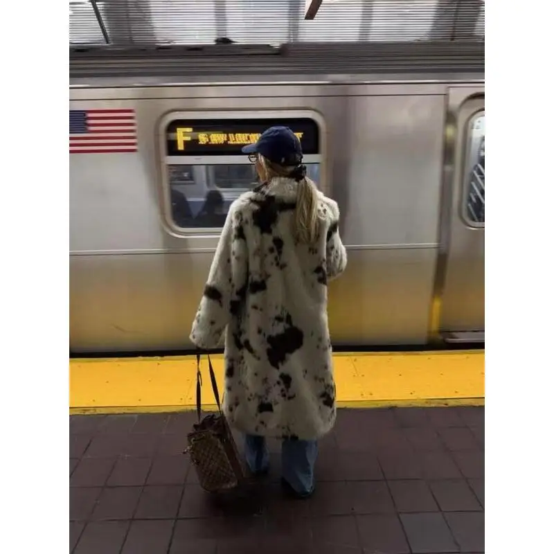 Women's Cow Print Faux Fur Coat Thick Warm Long Jacket for Autumn Winter Seasonal Wear Casual Stylish Female Outerwear