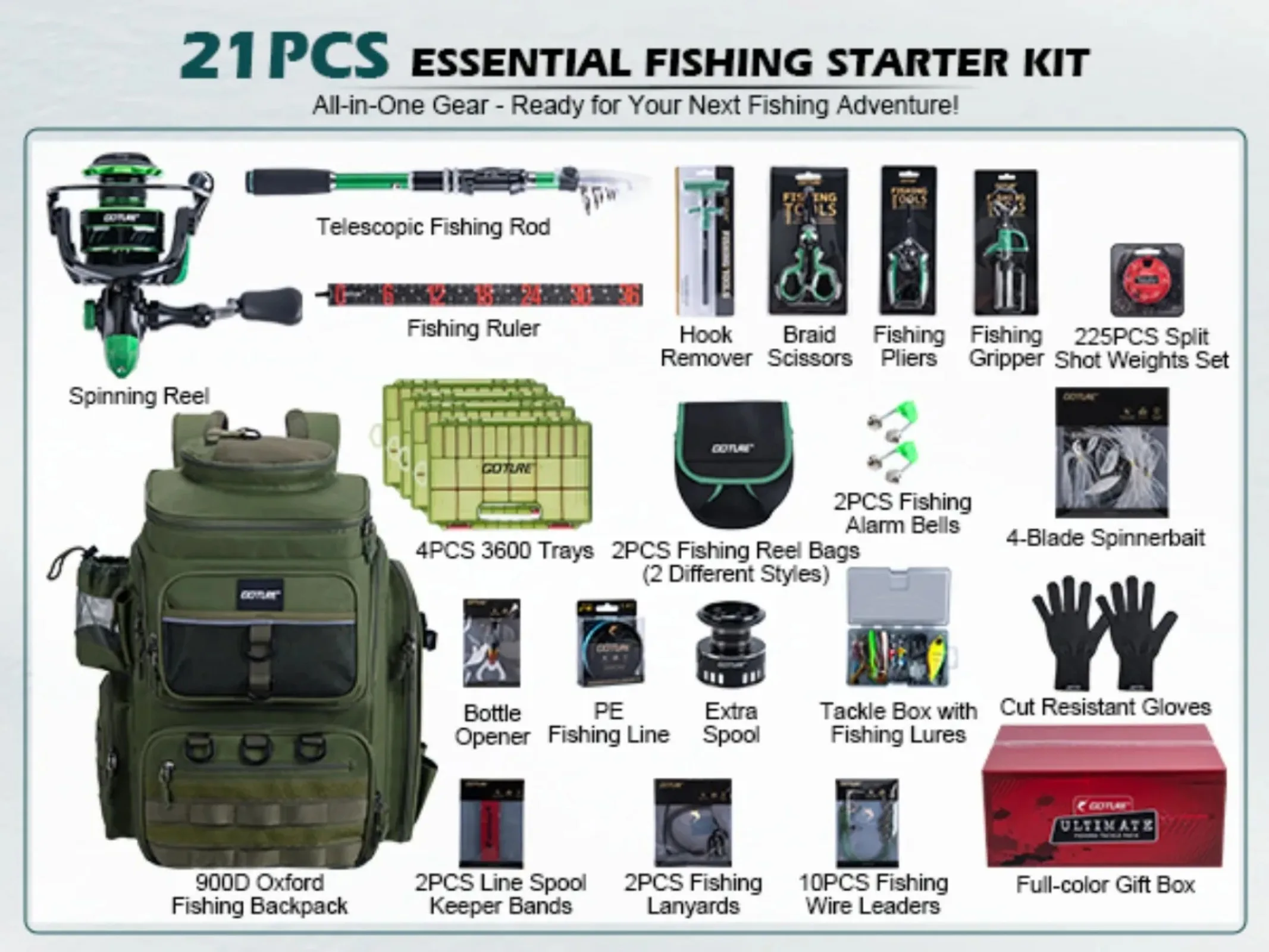 Goture Fishing Tackle Kit with 1.8M Telescopic Rod,Spinning Reel,Multifunctional Backpack Complete Lures Accessories for Anglers