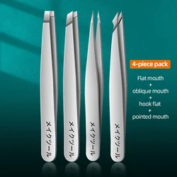 Eyebrow Tweezers Set 4 PCS Custom LOGO Slanted Pointed Flat Trimming Eyelash Tweezers Applicator Stainless Steel