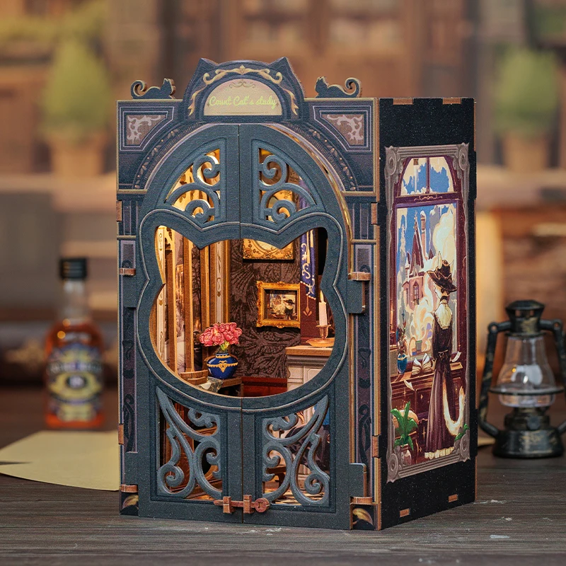 DIY Miniature Book Nook Shelf Insert – Cat’s Study 3D Wooden Puzzle Kit with LED Lights 3