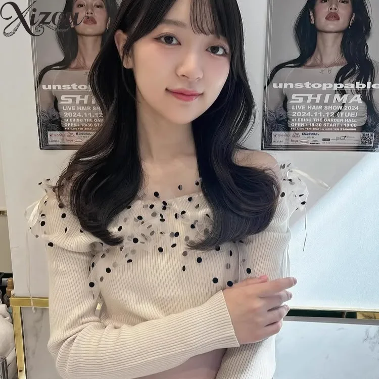 

2025 Japanese Sweet Knitted Tops Women Mesh Voile Patchwork Dot Ruffled Slim Long-Sleeve Pullovers Autumn Sweaters Slash Neck