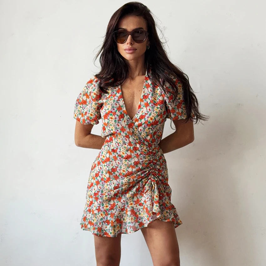 Linad Summer Vintage Print Drawstring Short Dress Woman Sexy Slim V Neck Mini Dresses Casual Ruffle High Waist Dress Female 2026