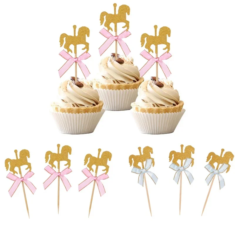 

5Pcs Glitter Horse Cupcake Toppers Carousel Horse Theme Cake Picks Dessert Toppers for Birthday Wedding Baby Shower Party Decor