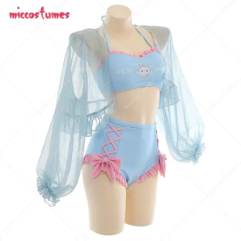 

25COSWomen Blue Bunny Pattern Swimwear Bathing Suit Halter Top and Bowknot Bottoms Bikini Set with Chiffon Cover-Up