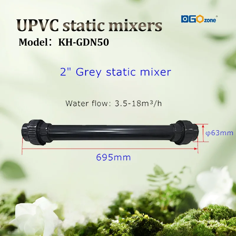 Mezclador estático de plástico de 2" (63 mm de diámetro): mezcla de gas/líquido/ozono, BSP hembra/macho, funda para pegar, bridas DGO más vendidas