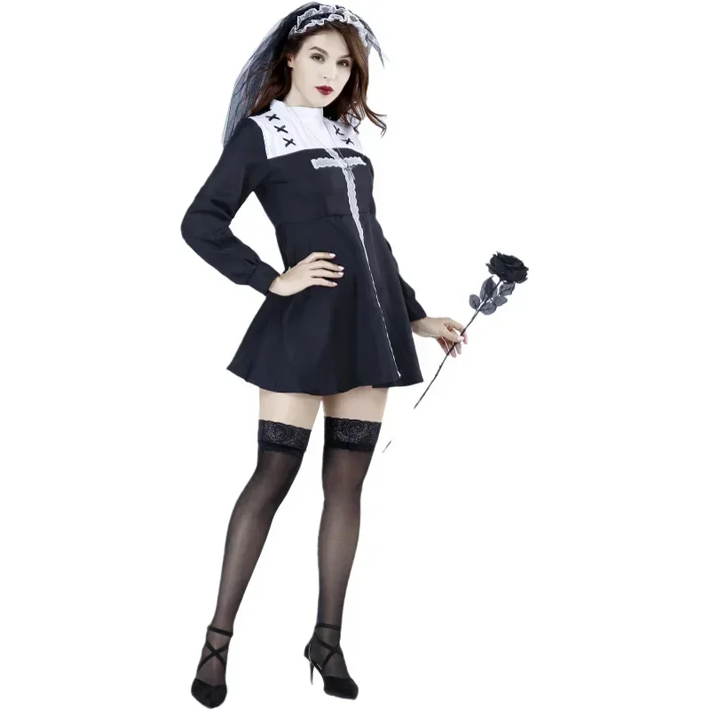 Halloween Cosplay Dress Cross Nun Dresses Traditional Sister Nun Costume Sexy Darkness Nun Bride Costume