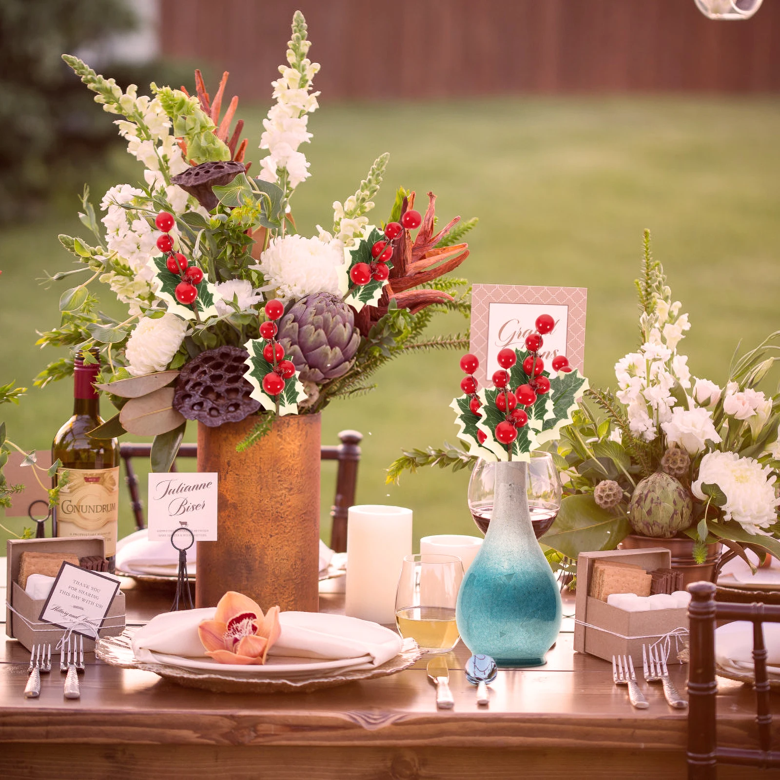 

10pcs Christmas Fake Berries Stems Artificial Picks Diy Vase Ornaments Bright Lifelike Decorative Berries Table Wedding Party