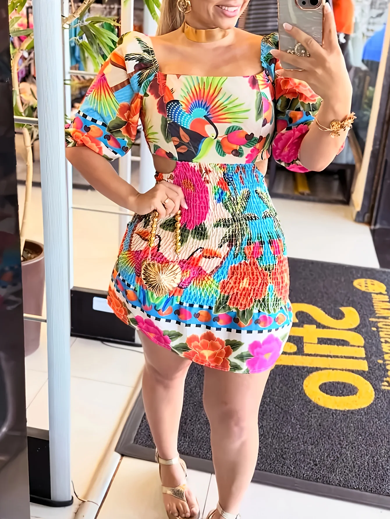 

Vacation Bodycon Mini Dress with Tropical Print, Off-Shoulder, Short Sleeves, Hollow-Out & Ruffle Details