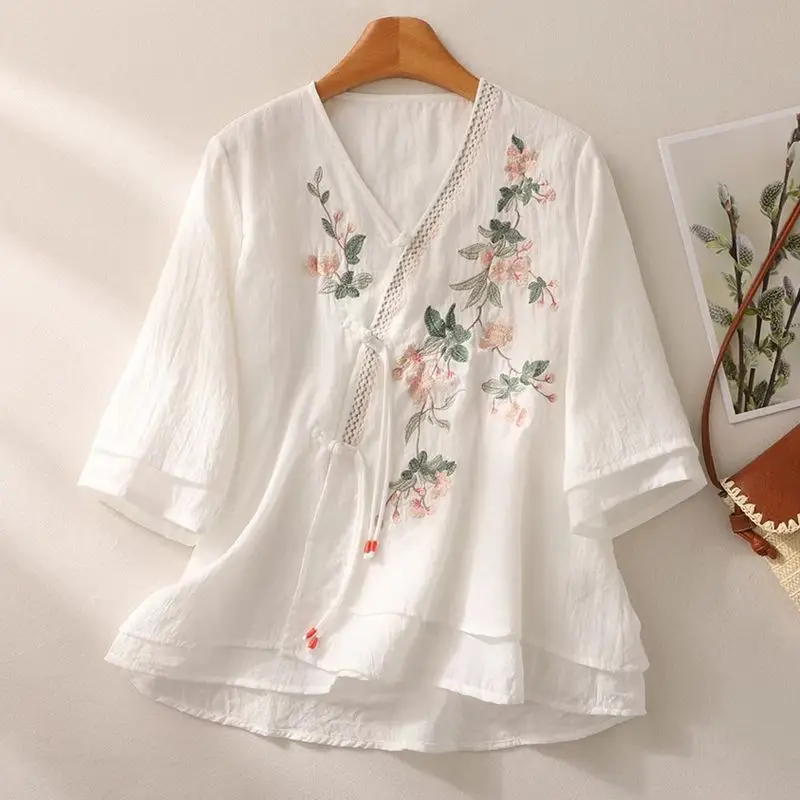 Summer Mid-sleeve Embroidered Slanted Collar Cardigan Shirt for Women Vintage Chinese Retro Spliced Pure Cotton Fake Two-piece