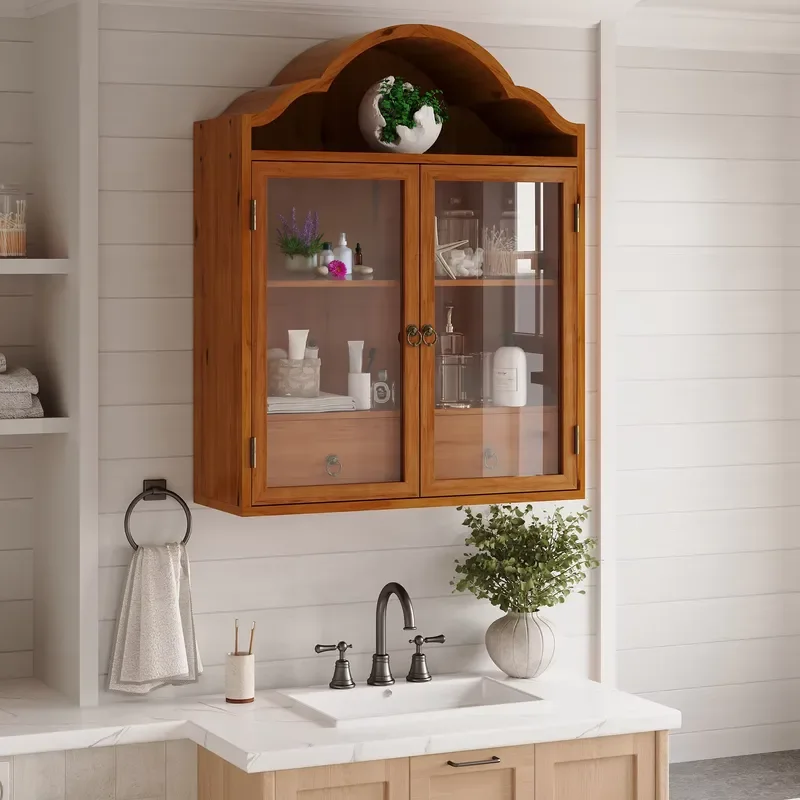 Vintage Country Style Wall Mounted Cabinet Imitation Solid Wood Wavy Top Design Elegant Chic Storage Unit for Living Room