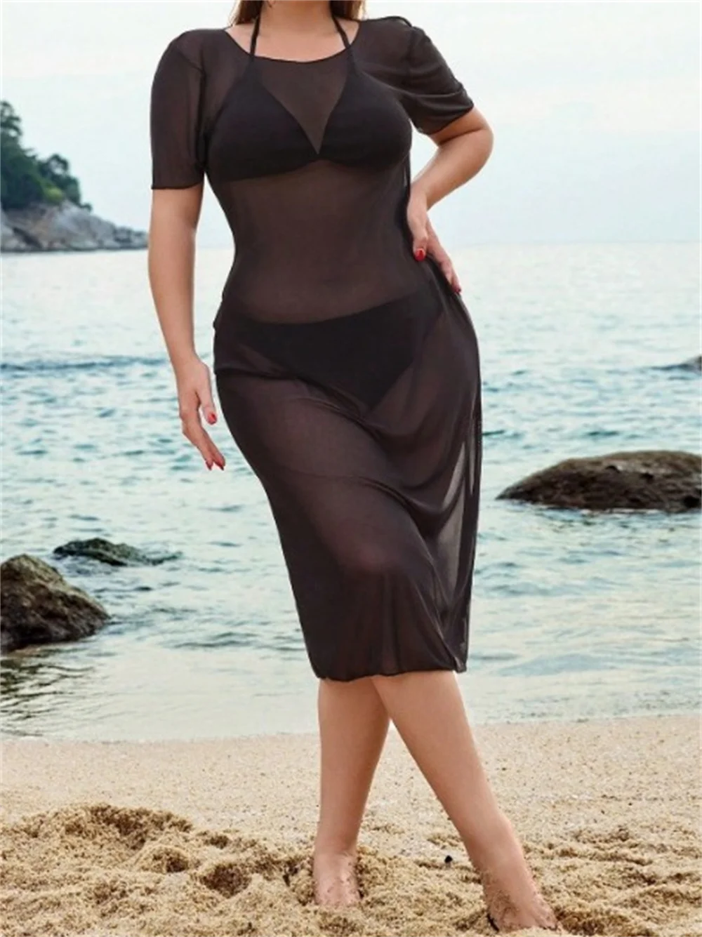 2024 women's fashion new beach blouse solid color large size long skirt bikini sunblock swimsuit coat beach clothes