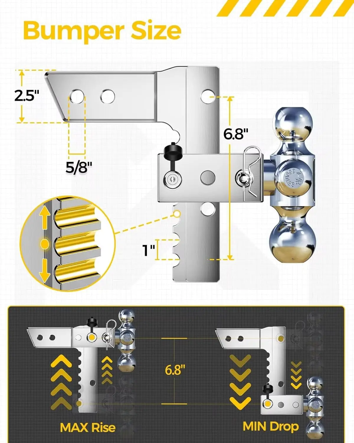 For Trucks, RVs and Trailers - Aluminum Adjustable Trailer Hitch, Silver Color, 18500 LBS GTW, Rustproof and Noise Reduction